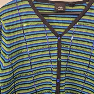 Christina Rotelli Sequin Striped Cardigan Sweater XL Beaded Buttons Mod Glam